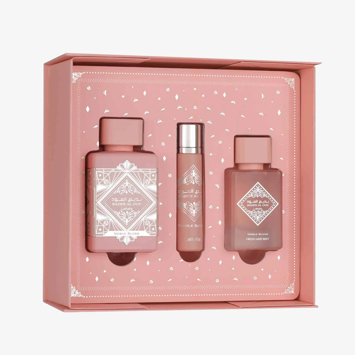 LATTAFA BADE’E AL OUD NOBLE BLUSH EAU DE PARFUM 100ML + EAU DE PARFUM 12ML + HAIR MIST 50ML