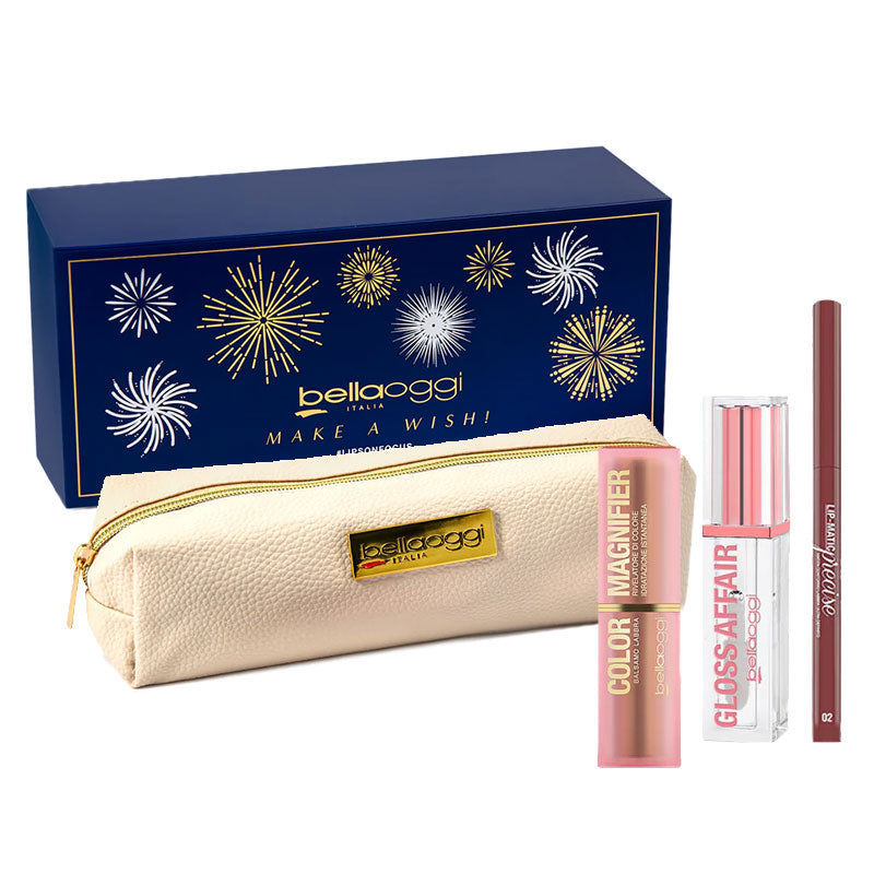 COFANETTO BELLA OGGI LIPS ON FOCUS POCHETTE + LUCIDALABBRA EFFETTO VETRO + BALSAMO LABBRA + MATITA LABBRA AUTOMATICA